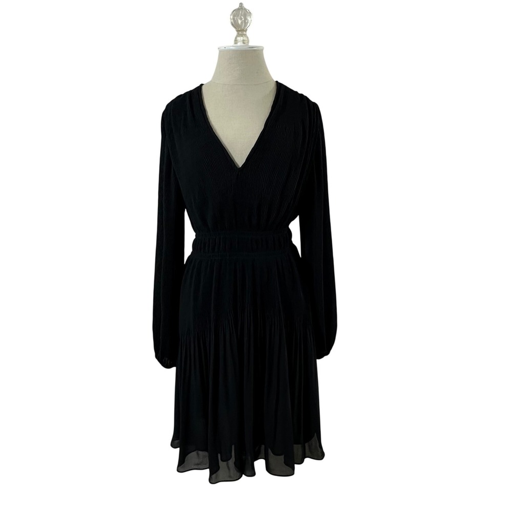 Boden Black Pleated Smocked Waist V-Neck Mini Dress US 4R Long Sleeve Tiered